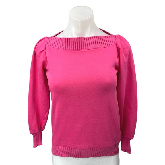 Ann Taylor LOFT Pink Knit Boat Neck Puff Sleeve Pullover Sweater Blouse Top XXS - Picture 1 of 4